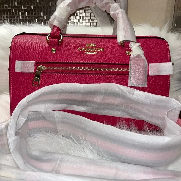 Coach Small Fuchsia Leather Satchel with Striped Strap - Picture 3 of 5